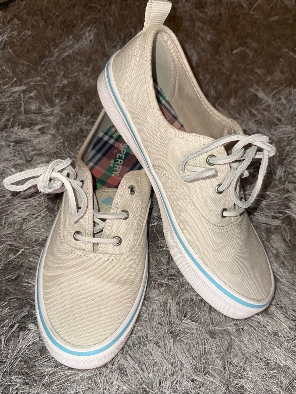 Women’s Sperry Top Spider Cream Canvas Sneakers with Light Blue Trim Size: 6.5